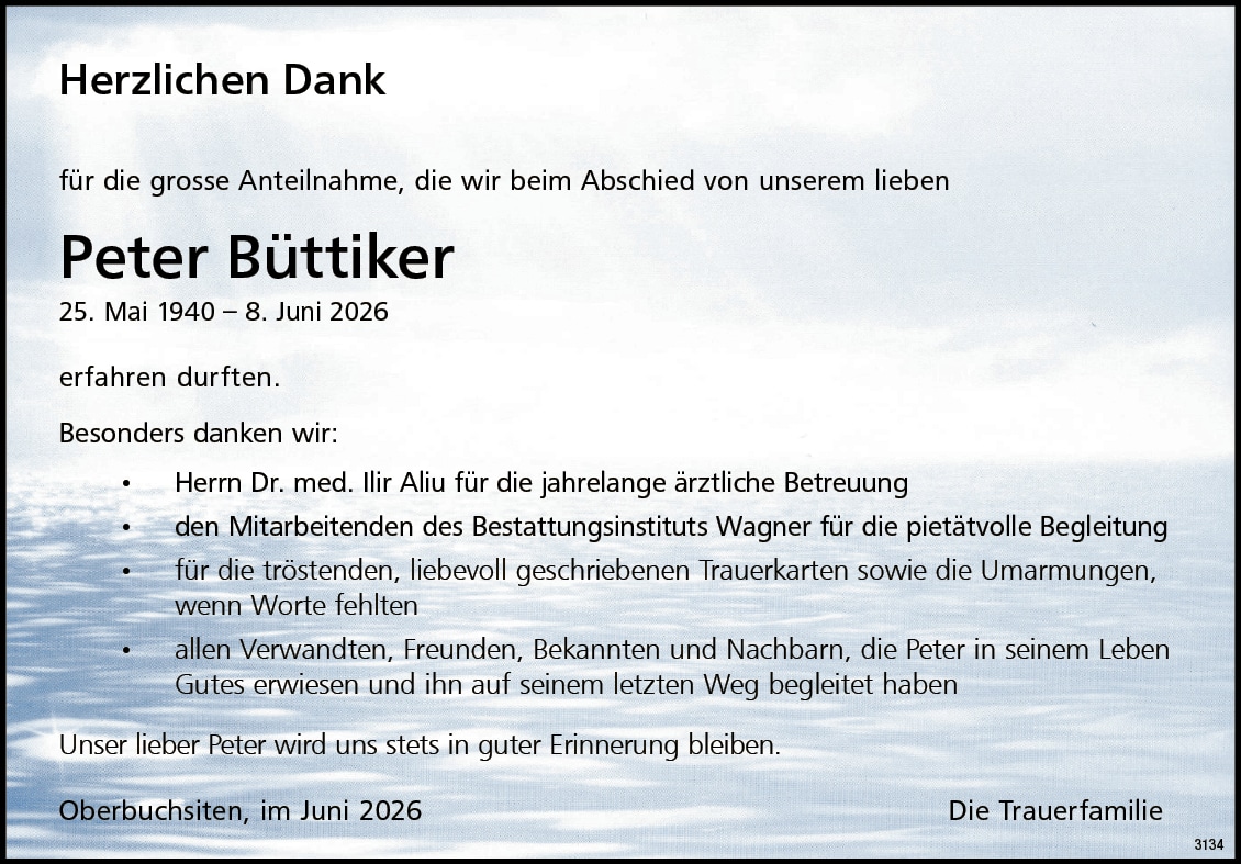 Peter Büttiker 1940 Todesanzeige / Anzeiger Thal Gäu Olten