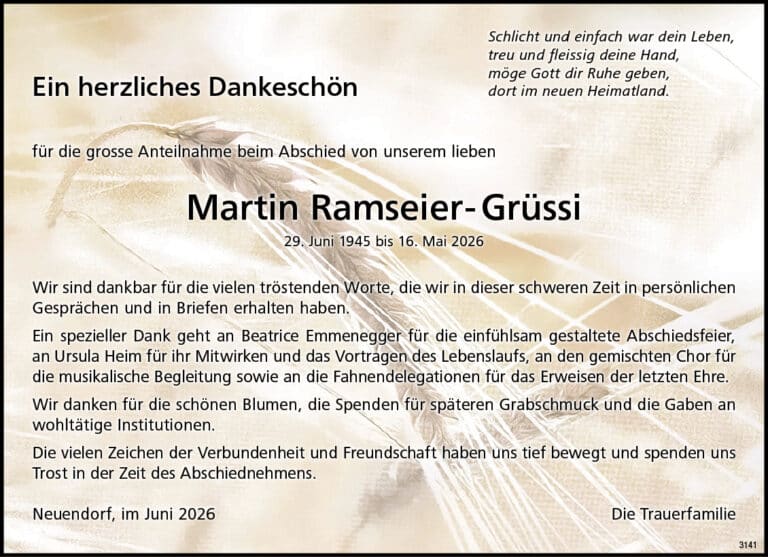 Martin Ramseier-Grüssi 1945 Todesanzeige / Anzeiger Thal Gäu Olten