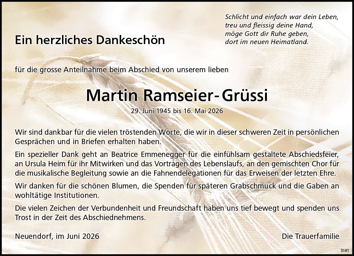 Martin Ramseier-Grüssi 1945 Todesanzeige / Anzeiger Thal Gäu Olten