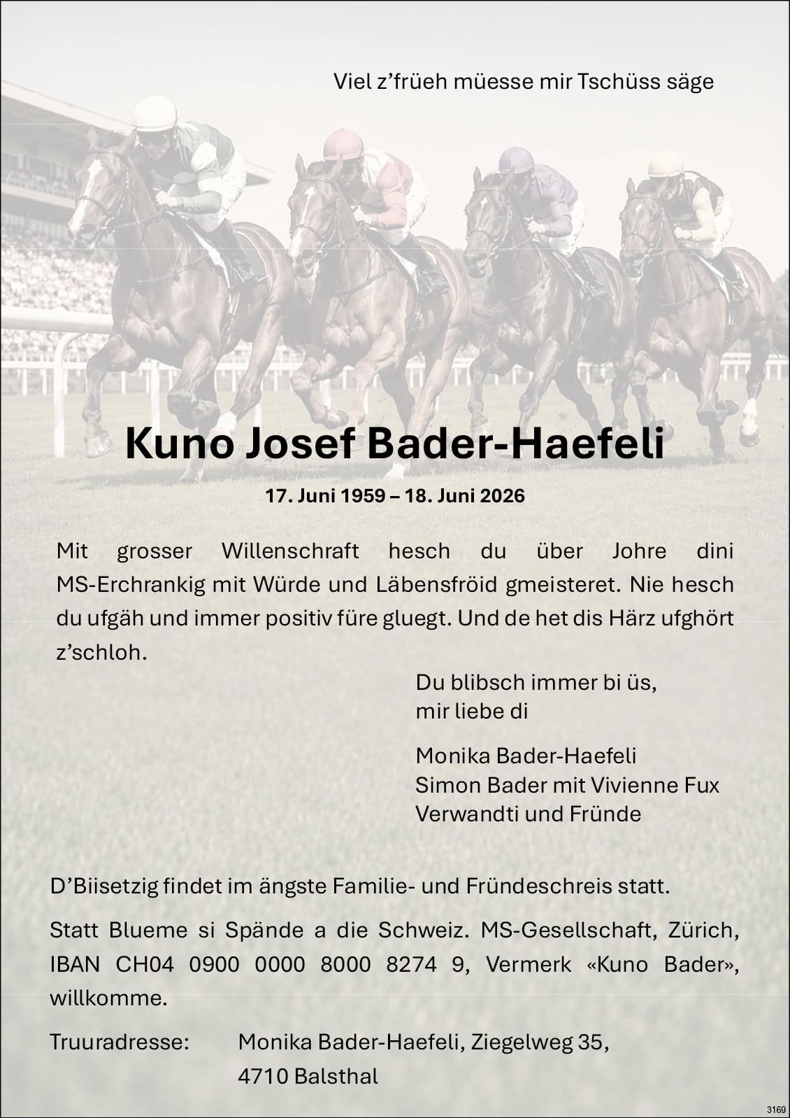 Kuno Josef Bader-Haefeli 1959 Todesanzeige / Anzeiger Thal Gäu Olten