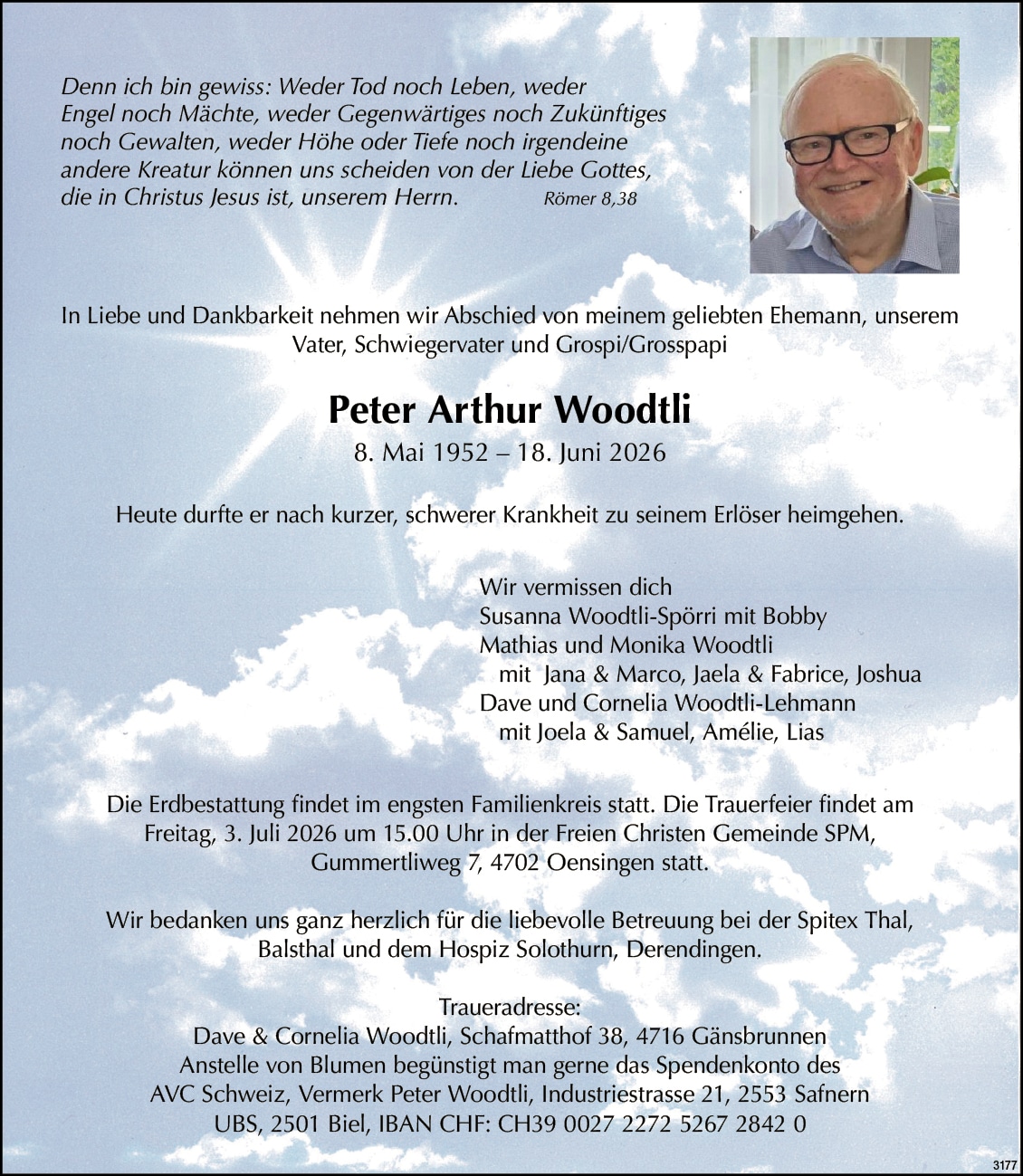 Peter Arthur Woodtli 1952 Todesanzeige / Anzeiger Thal Gäu Olten