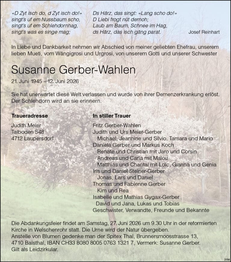 Susanne Gerber-Wahlen 1945 Todesanzeige / Anzeiger Thal Gäu Olten