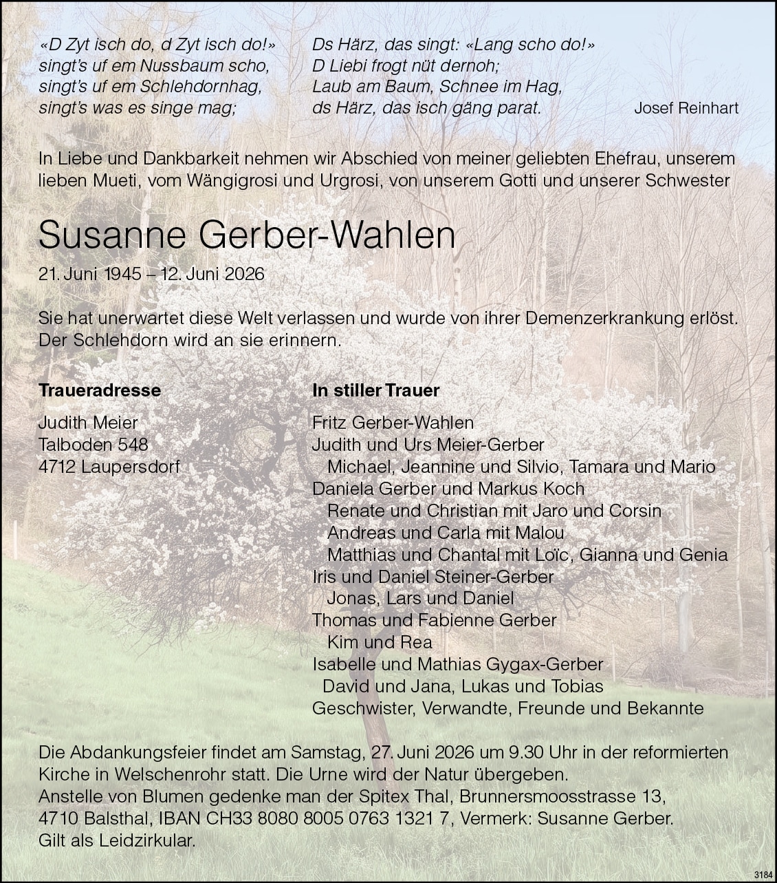 Susanne Gerber-Wahlen 1945 Todesanzeige / Anzeiger Thal Gäu Olten