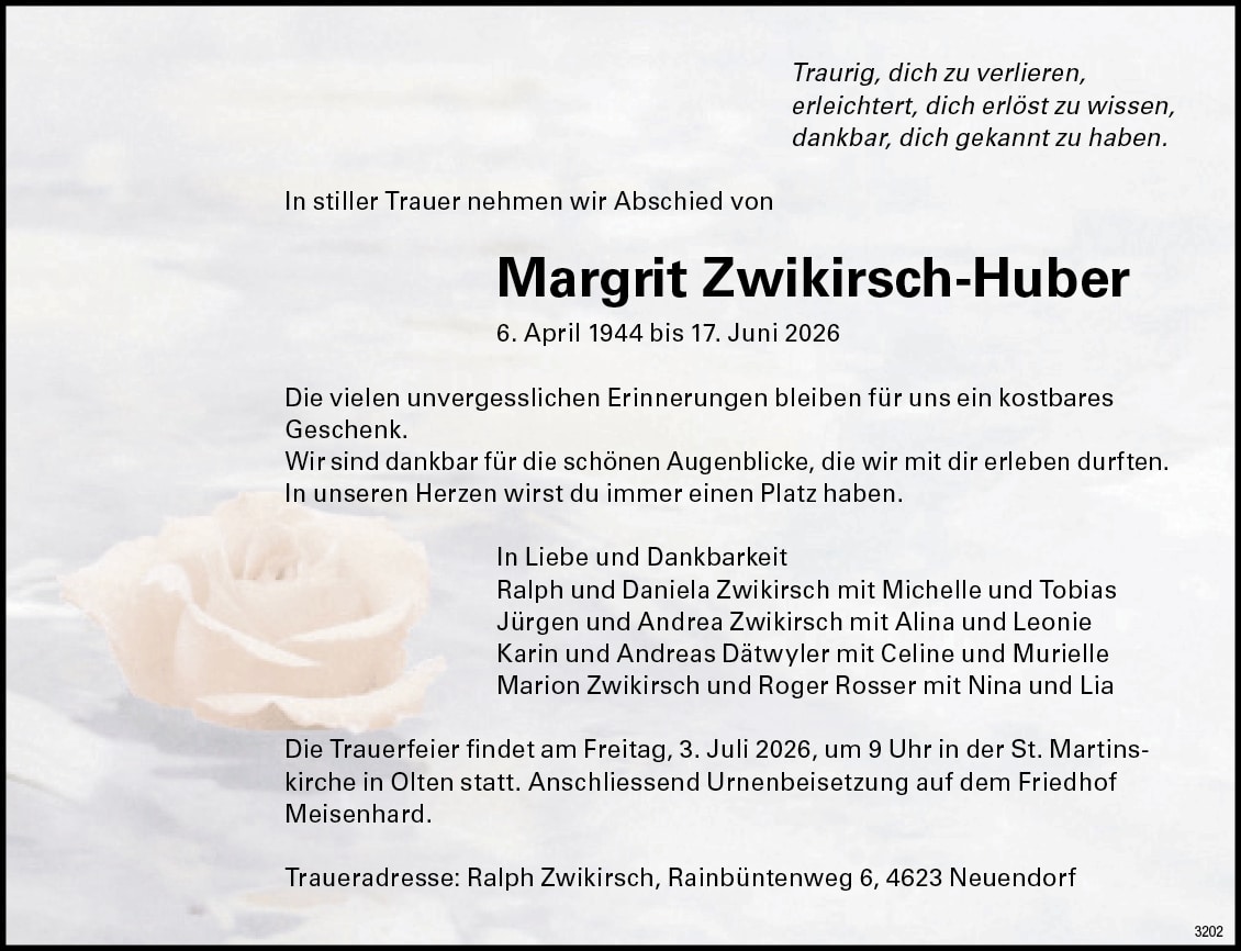 Margrit Zwikirsch-Huber 1944 Todesanzeige / Anzeiger Thal Gäu Olten