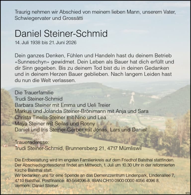 Daniel Steiner-Schmid 1938 Todesanzeige / Anzeiger Thal Gäu Olten