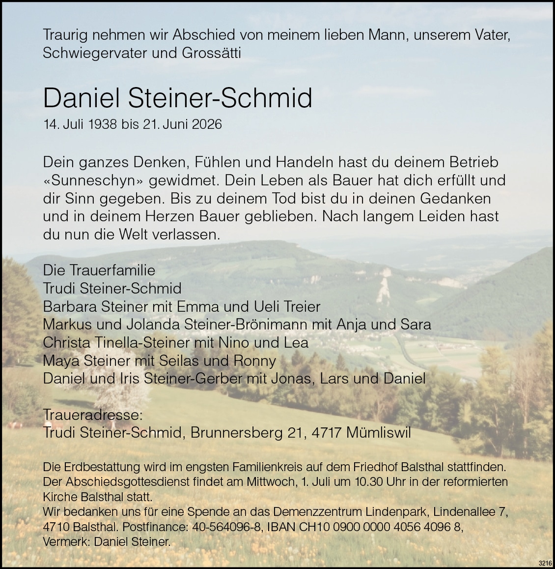 Daniel Steiner-Schmid 1938 Todesanzeige / Anzeiger Thal Gäu Olten