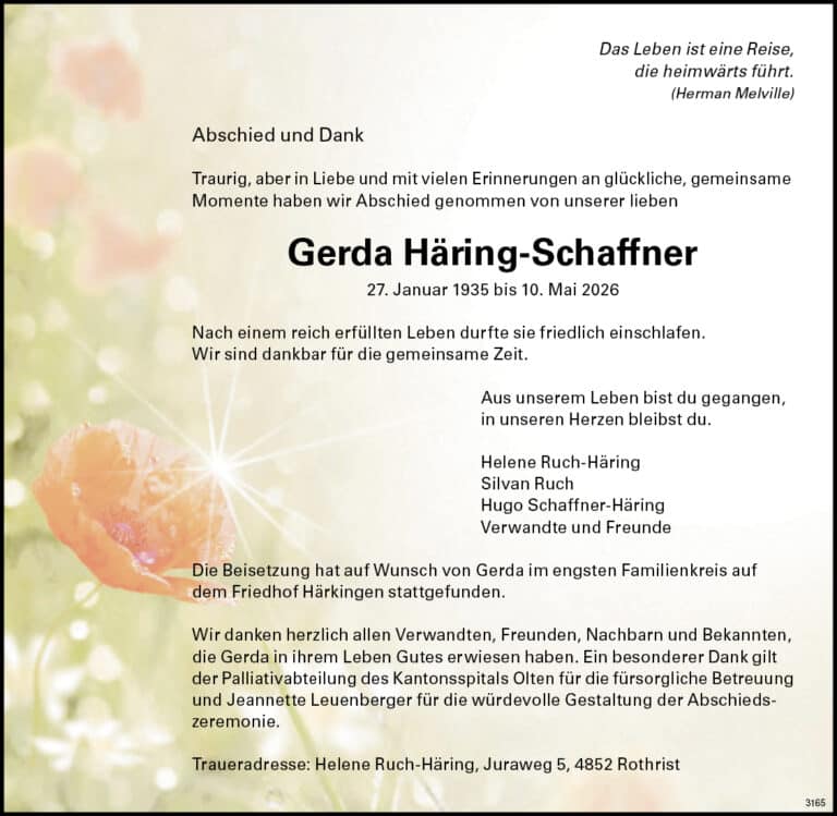 Gerda Häring-Schaffner 1935 Todesanzeige / Anzeiger Thal Gäu Olten