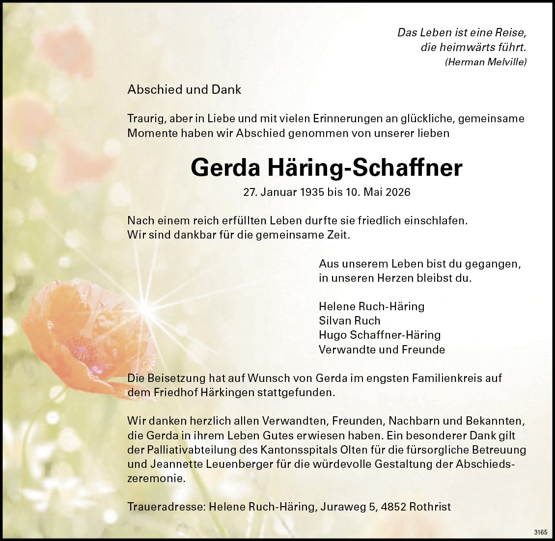 Gerda Häring-Schaffner 1935 Todesanzeige / Anzeiger Thal Gäu Olten