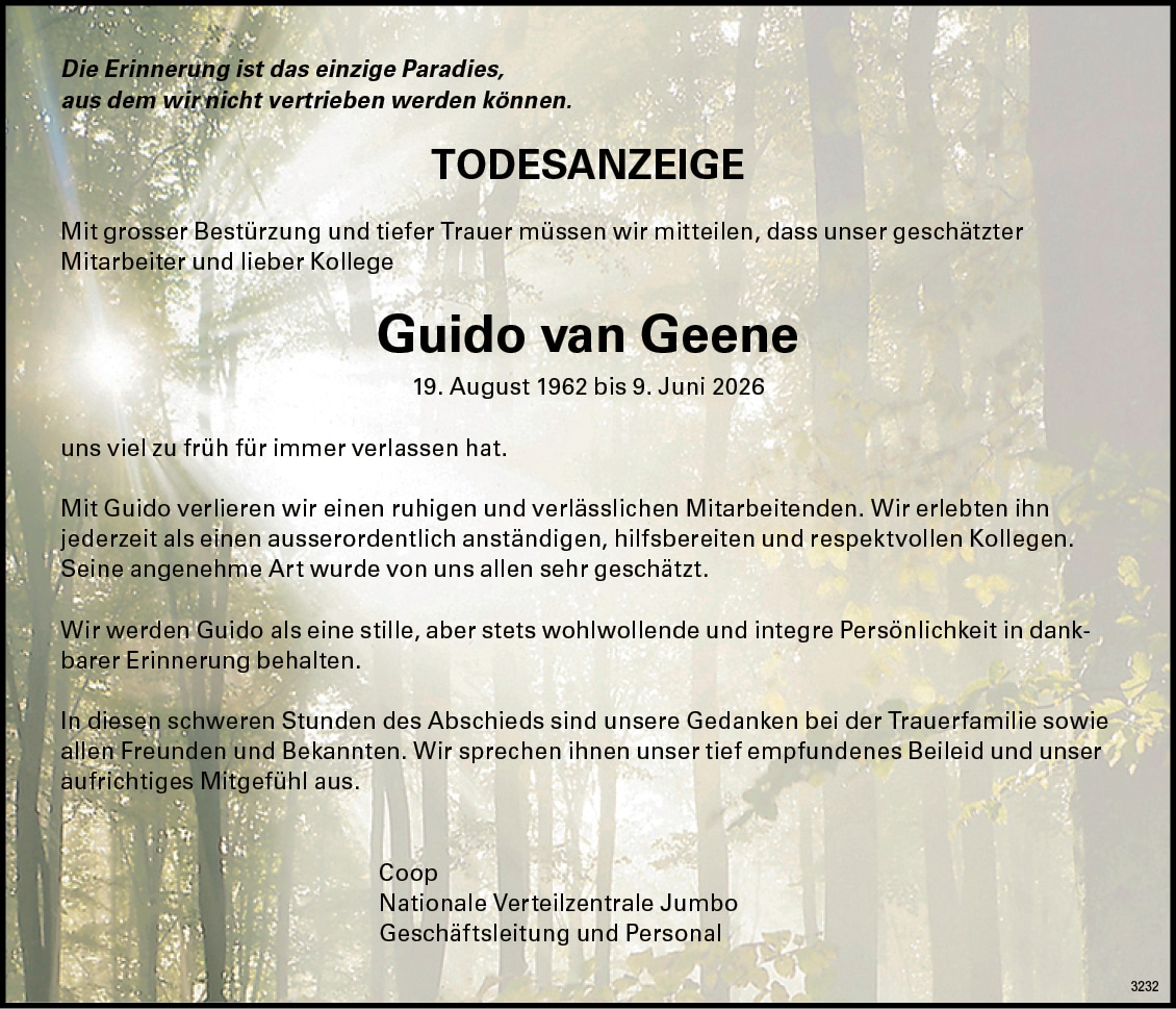 Guido Maria van Geene 1962 Todesanzeige / Anzeiger Thal Gäu Olten