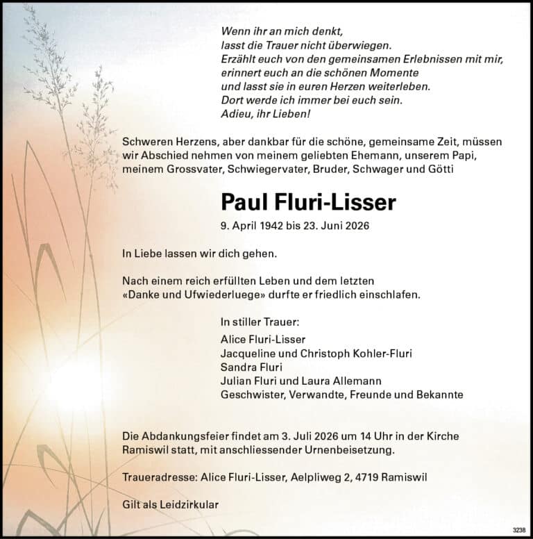 Paul Fluri-Lisser 1942 Todesanzeige / Anzeiger Thal Gäu Olten
