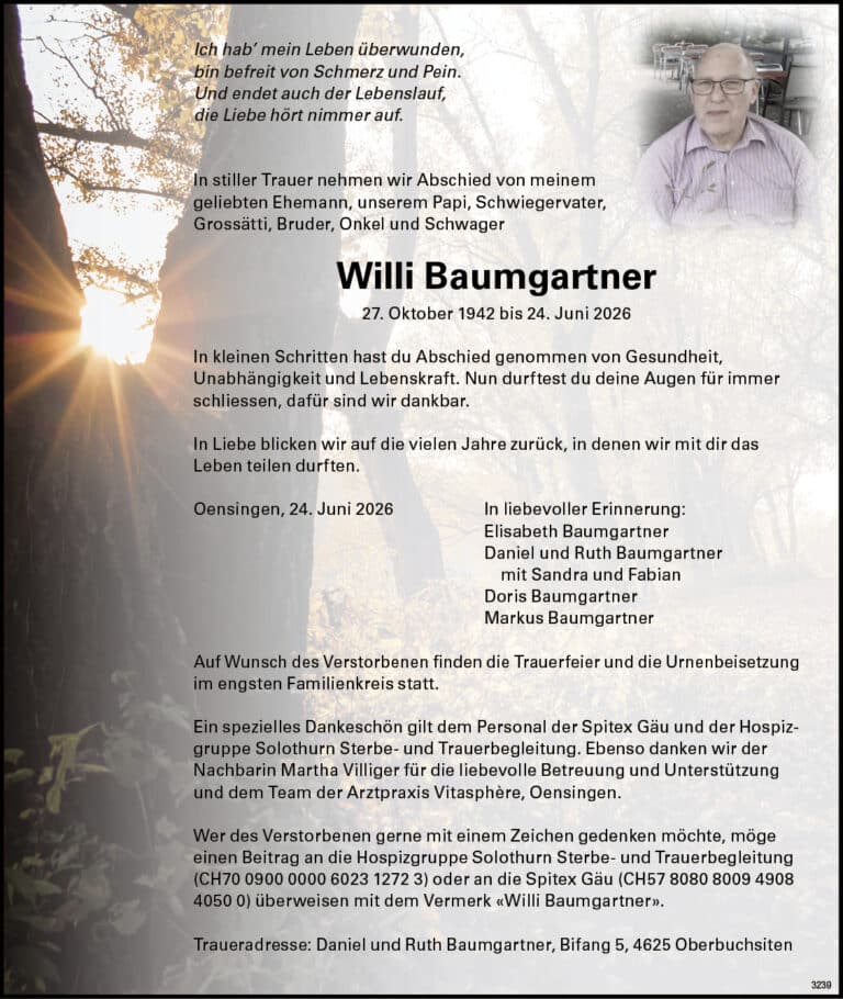 Willi Baumgartner 1942 Todesanzeige / Anzeiger Thal Gäu Olten
