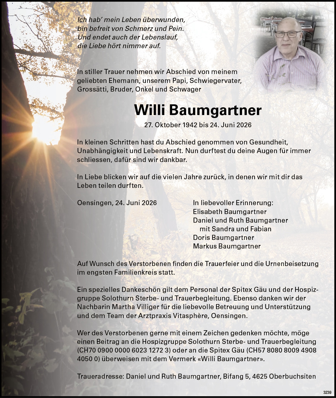 Willi Baumgartner 1942 Todesanzeige / Anzeiger Thal Gäu Olten