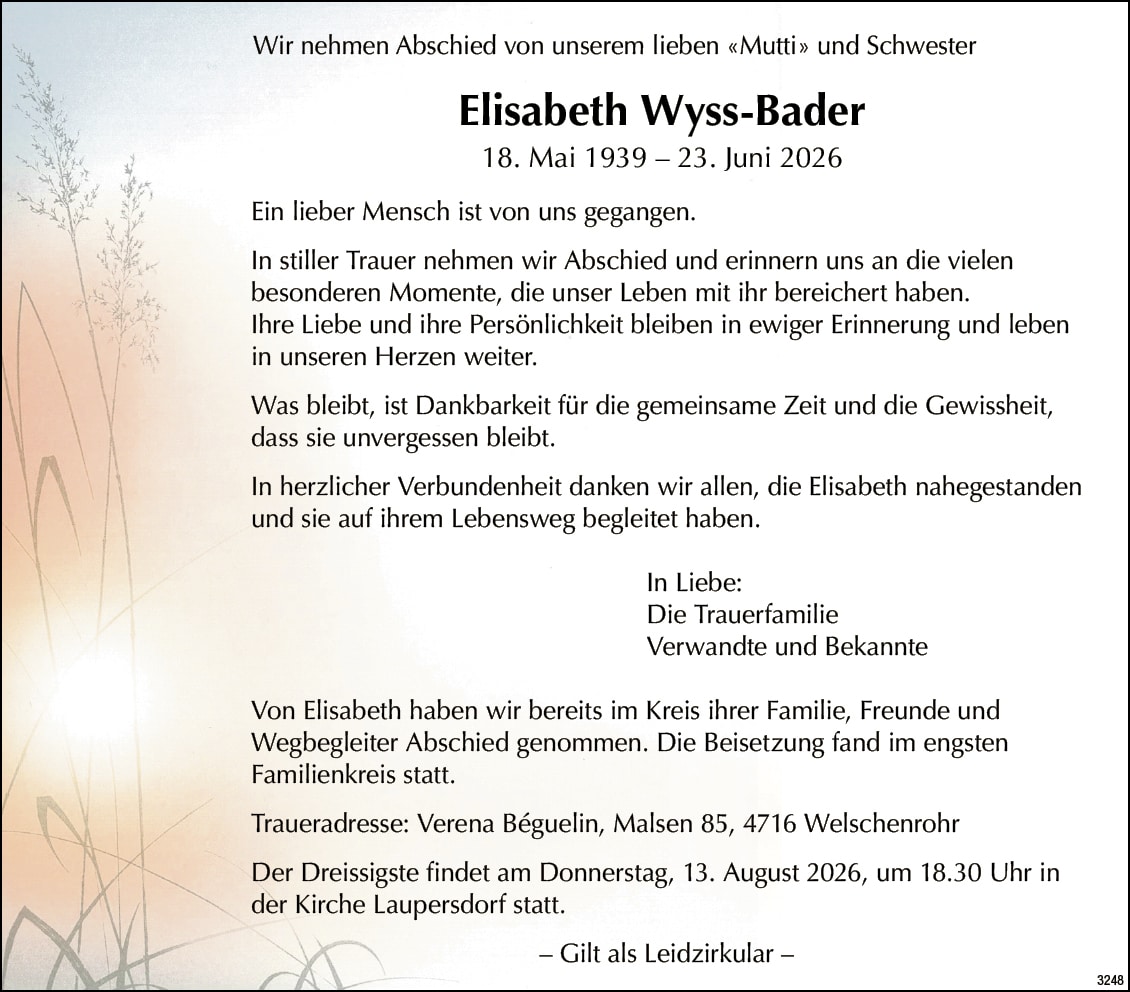 Elisabeth Wyss-Bader 1939 Todesanzeige / Anzeiger Thal Gäu Olten