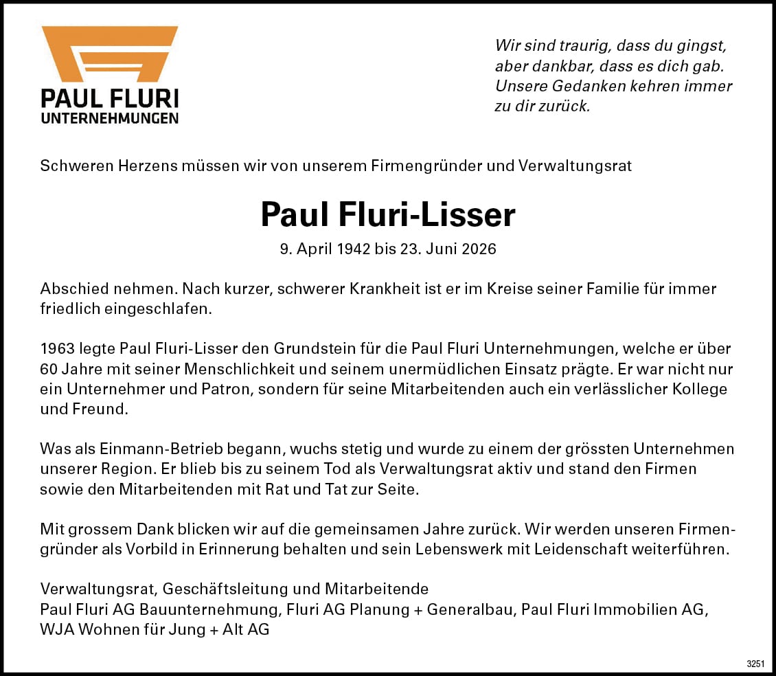 Paul Fluri-Lisser 1942 Todesanzeige / Anzeiger Thal Gäu Olten
