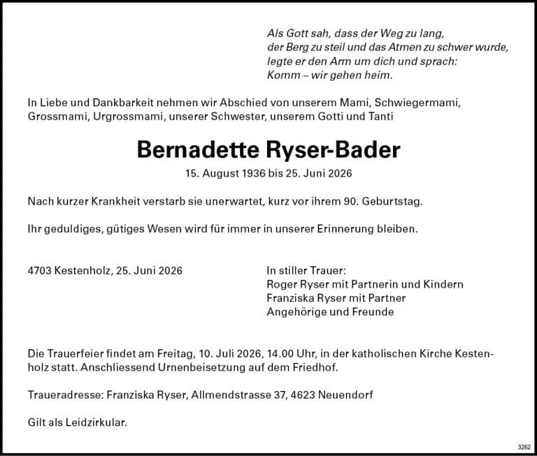 Bernadette Ryser-Bader 1936 Todesanzeige / Anzeiger Thal Gäu Olten