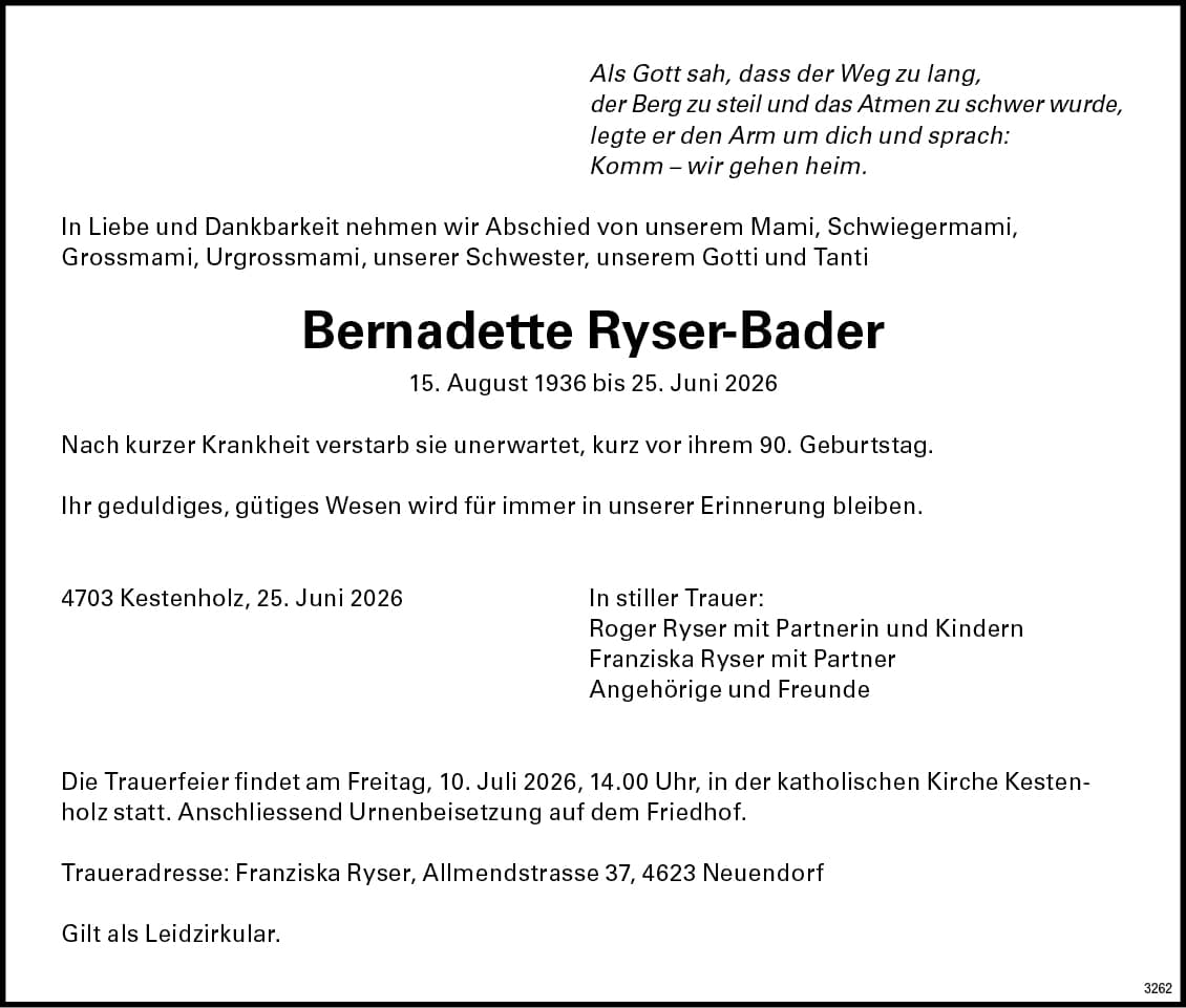 Bernadette Ryser-Bader 1936 Todesanzeige / Anzeiger Thal Gäu Olten