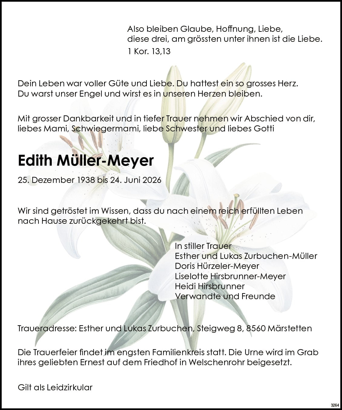 Edith Müller-Meyer 1938 Todesanzeige / Anzeiger Thal Gäu Olten