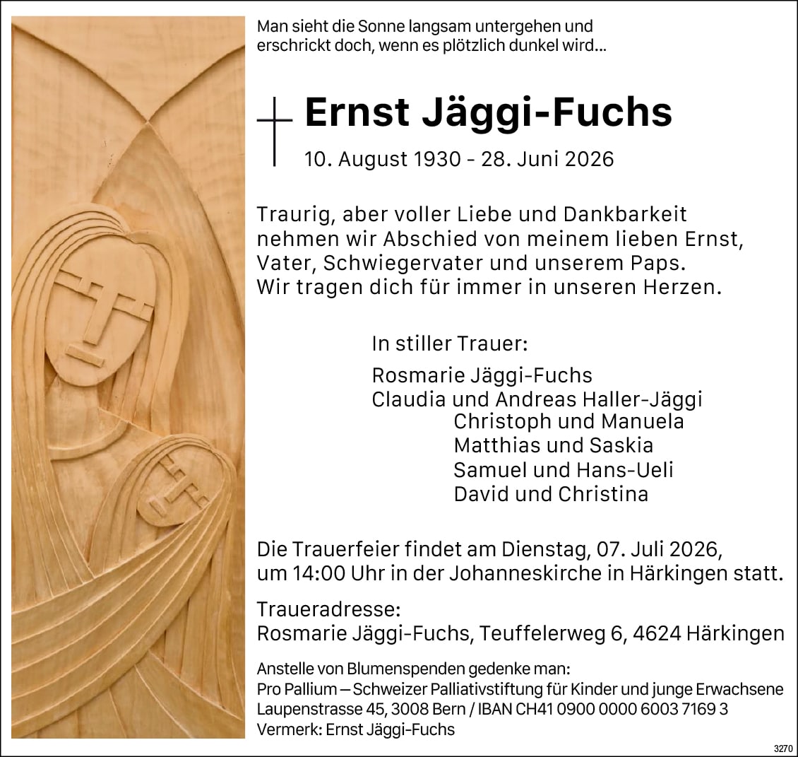 Ernst Jäggi-Fuchs 1930 Todesanzeige / Anzeiger Thal Gäu Olten