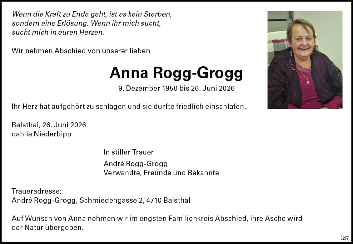 Anna Rogg-Grogg 1950 Todesanzeige / Anzeiger Thal Gäu Olten