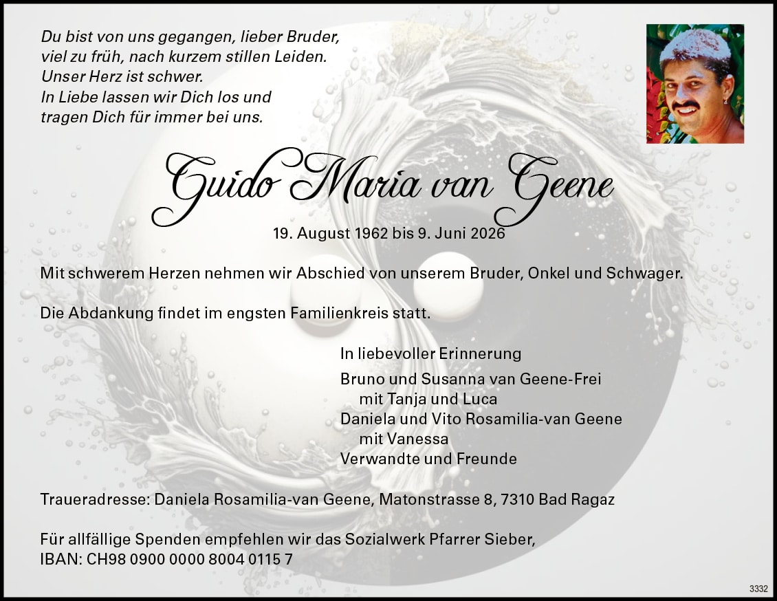 Guido Maria van Geene 1962 Todesanzeige / Anzeiger Thal Gäu Olten