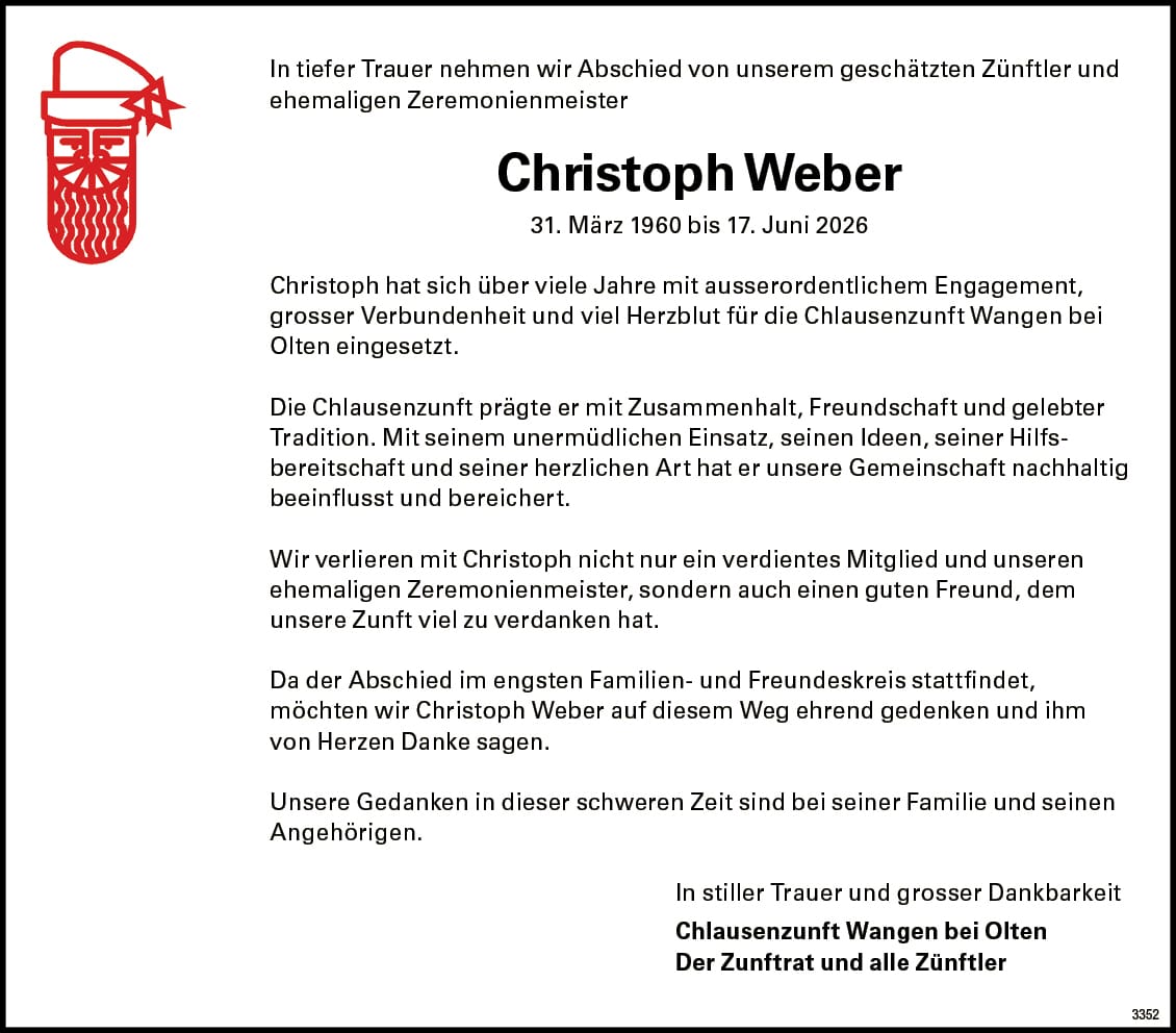 Christoph Weber 1960 Todesanzeige / Anzeiger Thal Gäu Olten