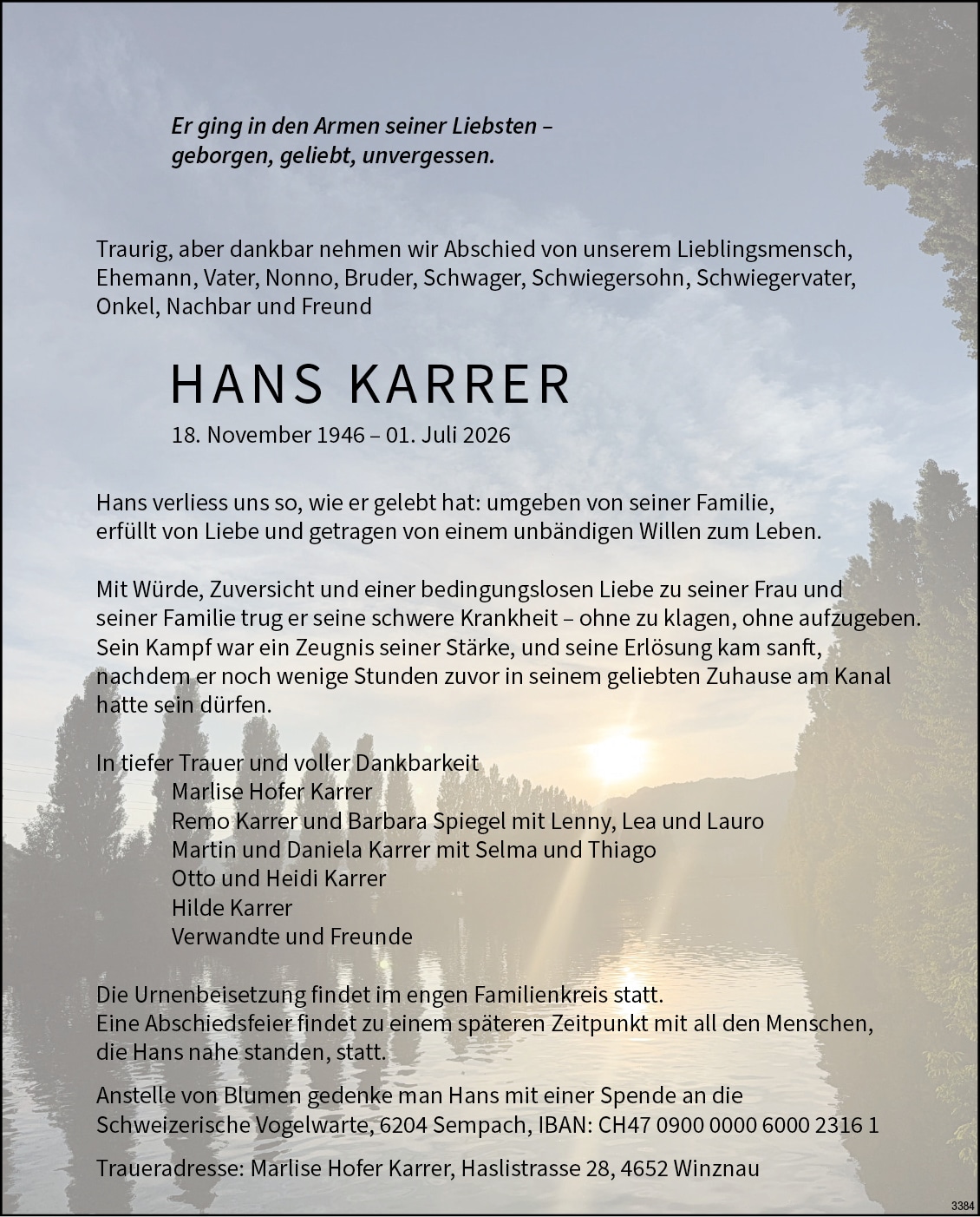 Hans Karrer 1946 Todesanzeige / Anzeiger Thal Gäu Olten