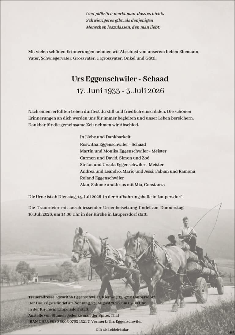 Urs Eggenschwiler - Schaad 1933 Todesanzeige / Anzeiger Thal Gäu Olten