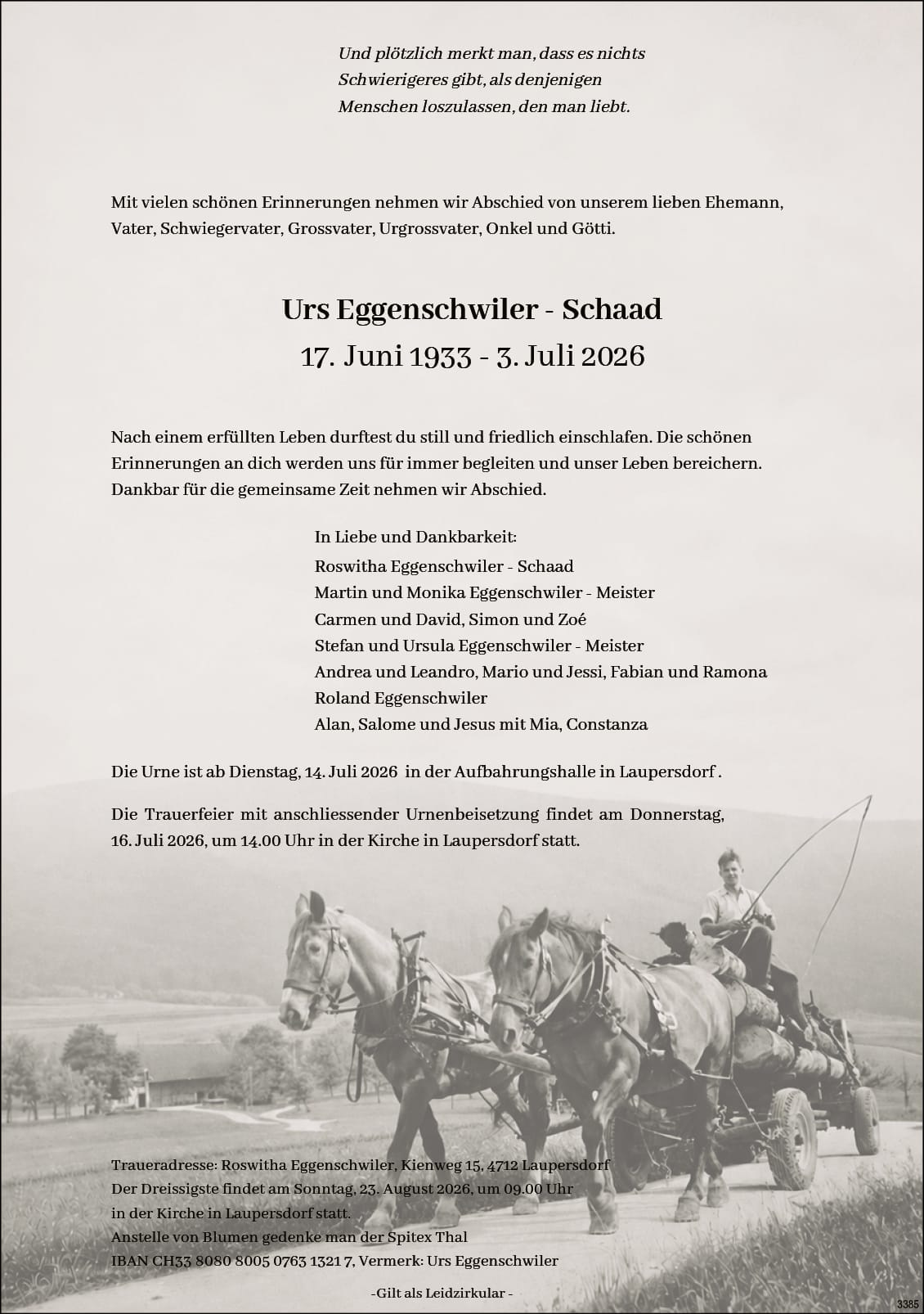 Urs Eggenschwiler - Schaad 1933 Todesanzeige / Anzeiger Thal Gäu Olten