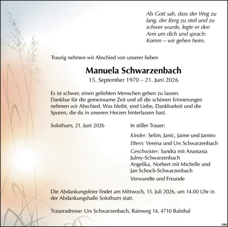 Manuela Schwarzenbach 1970 Todesanzeige / Anzeiger Thal Gäu Olten