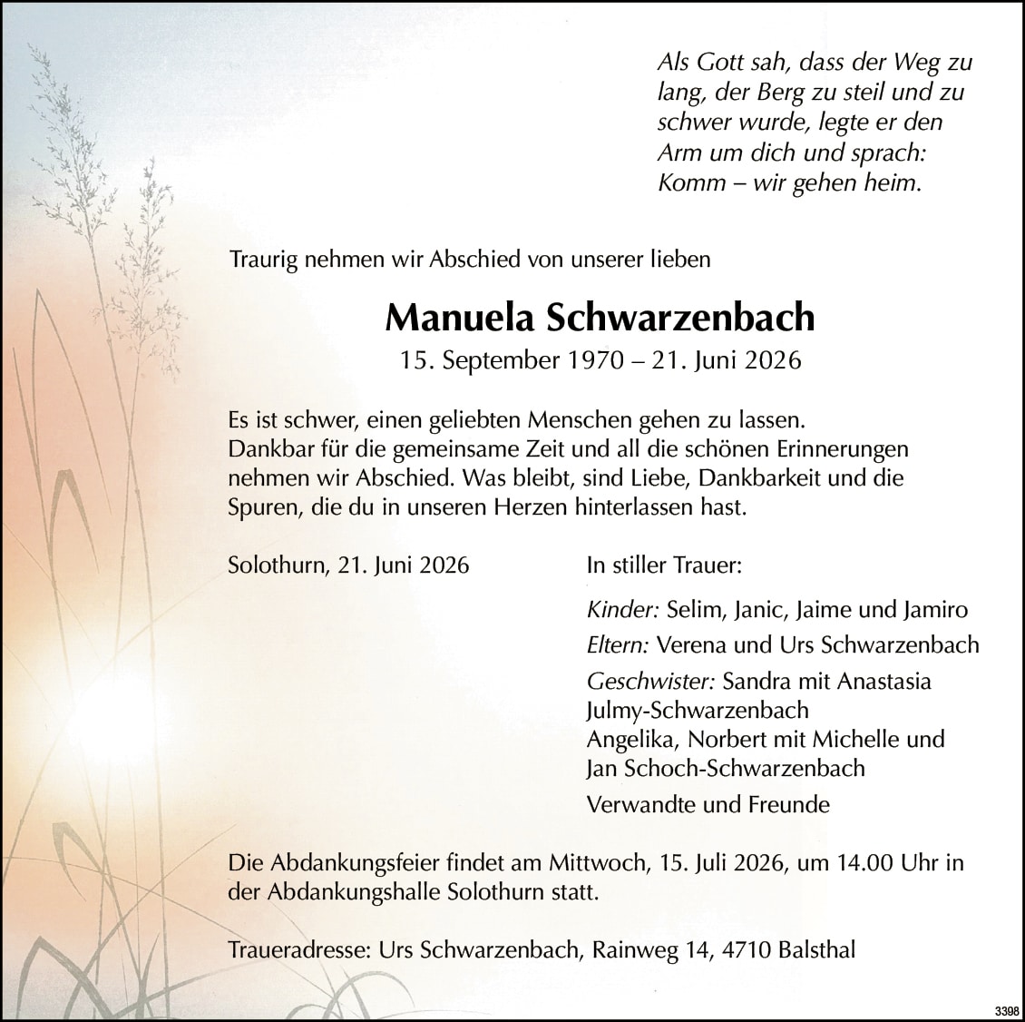 Manuela Schwarzenbach 1970 Todesanzeige / Anzeiger Thal Gäu Olten