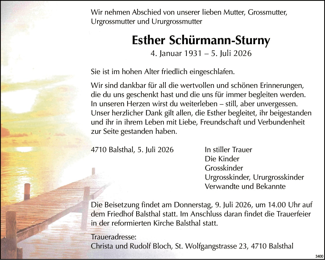 Esther Schürmann-Sturny 1931 Todesanzeige / Anzeiger Thal Gäu Olten