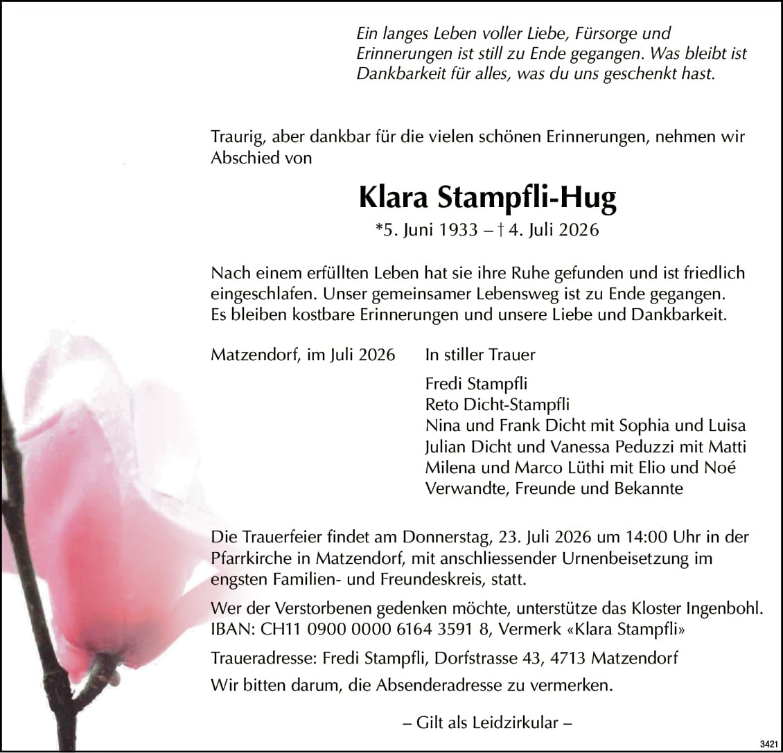 Klara Stampfli-Hug 1933 Todesanzeige / Anzeiger Thal Gäu Olten