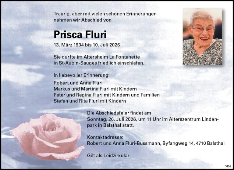 Prisca Fluri 1934 Todesanzeige / Anzeiger Thal Gäu Olten