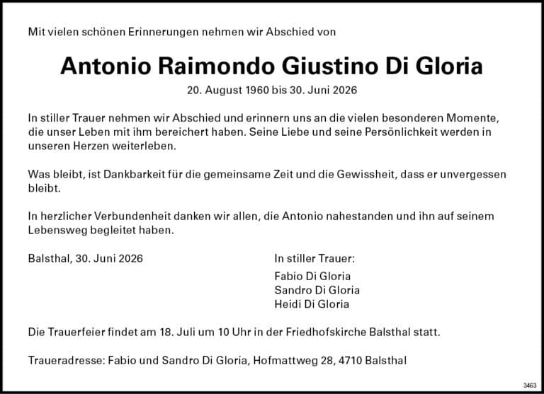 Antonio Raimondo Giustino Di Gloria 1960 Todesanzeige / Anzeiger Thal Gäu Olten