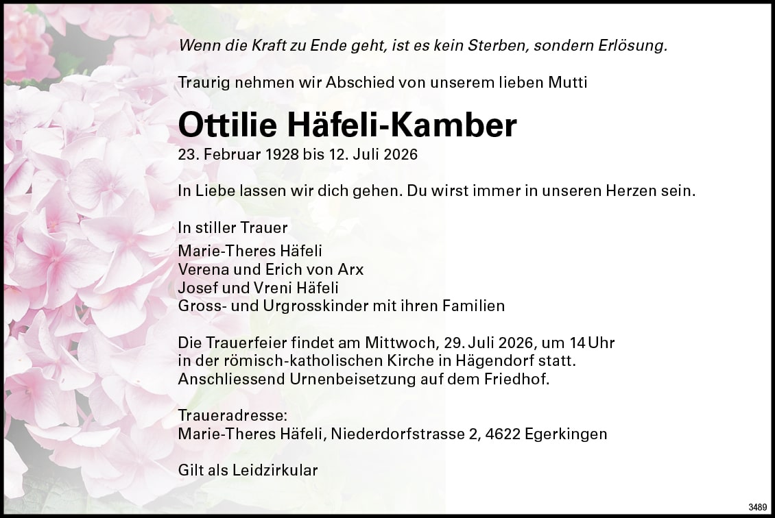 Ottilie Häfeli-Kamber 1928 Todesanzeige / Anzeiger Thal Gäu Olten