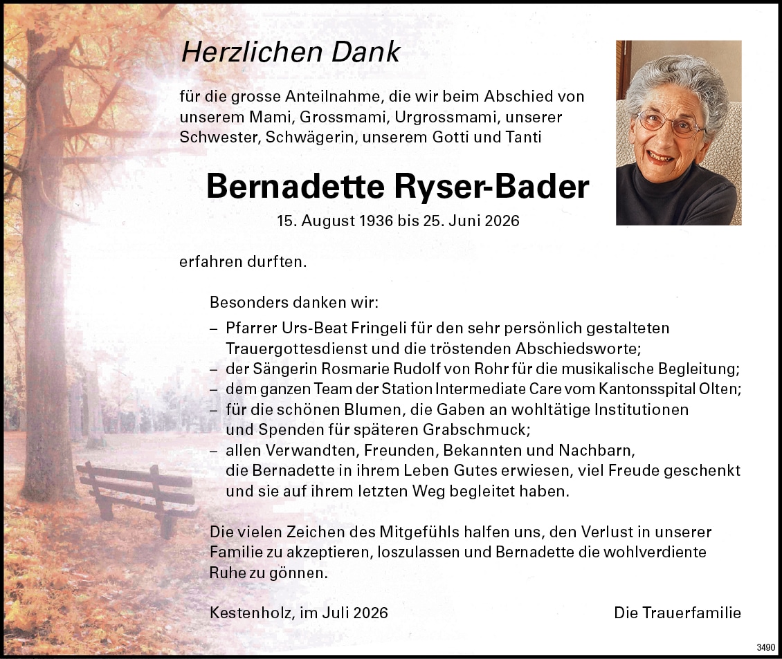 Bernadette Ryser-Bader 1936 Todesanzeige / Anzeiger Thal Gäu Olten