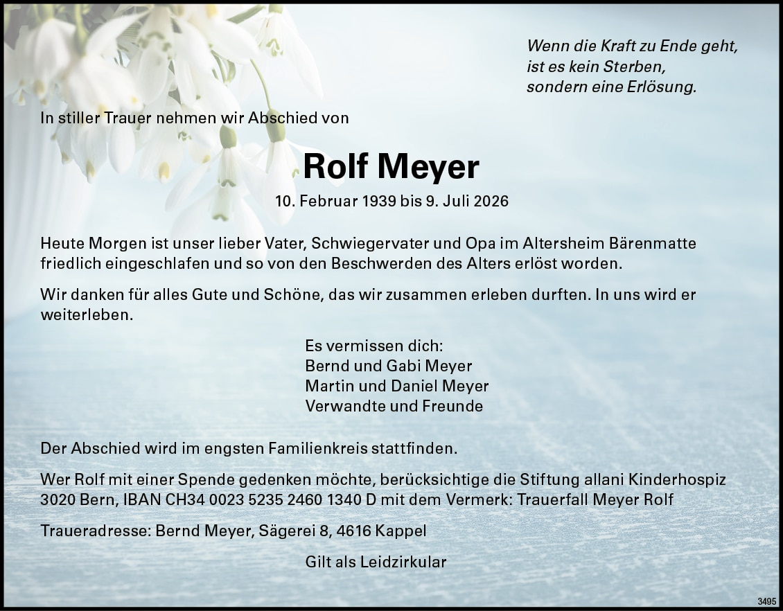 Rolf Meyer 1939 Todesanzeige / Anzeiger Thal Gäu Olten