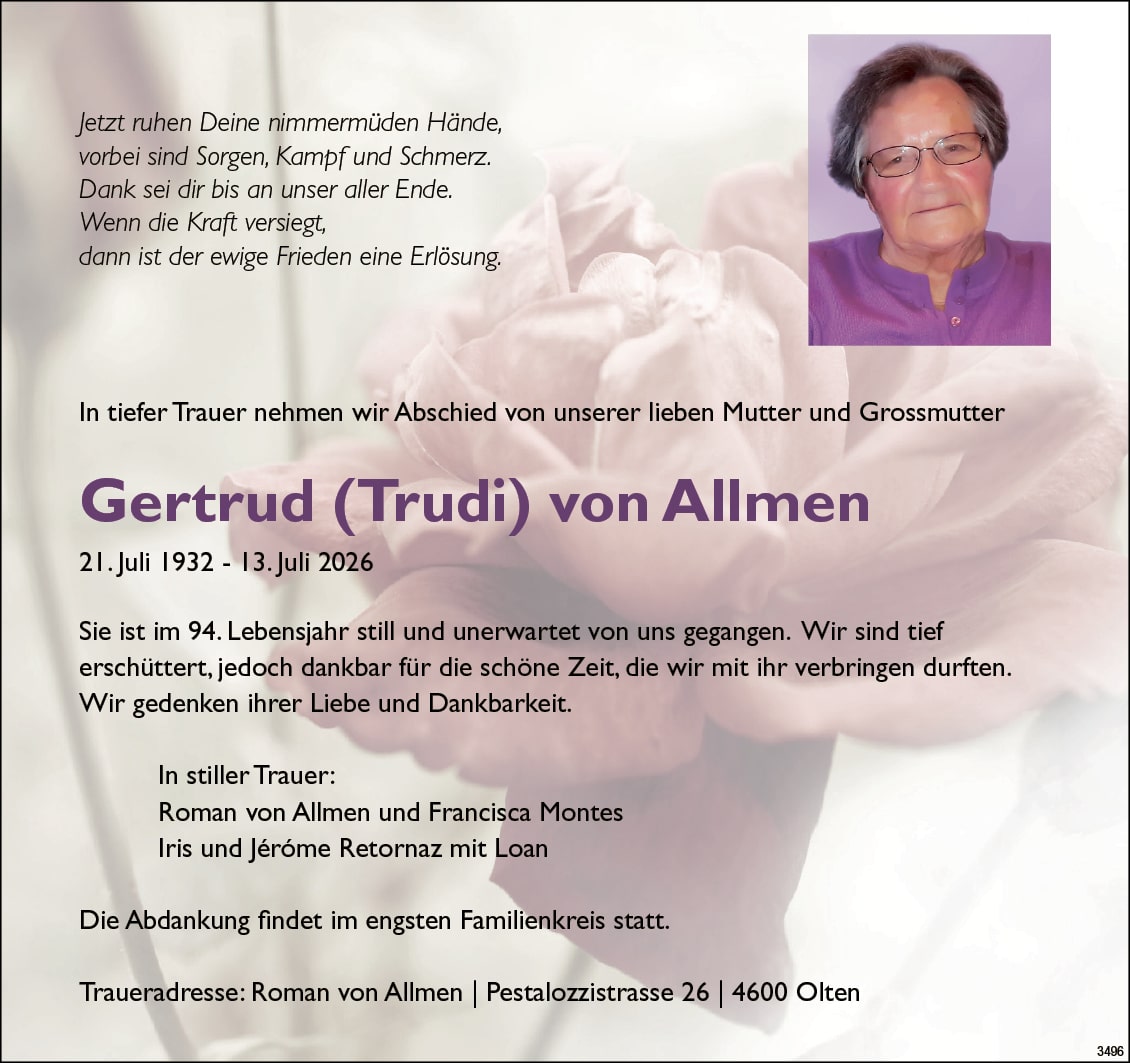 Gertrud (Trudi) von Allmen 1932 Todesanzeige / Anzeiger Thal Gäu Olten