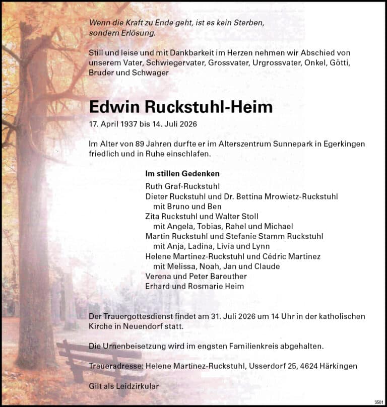 Edwin Ruckstuhl-Heim 1937 Todesanzeige / Anzeiger Thal Gäu Olten