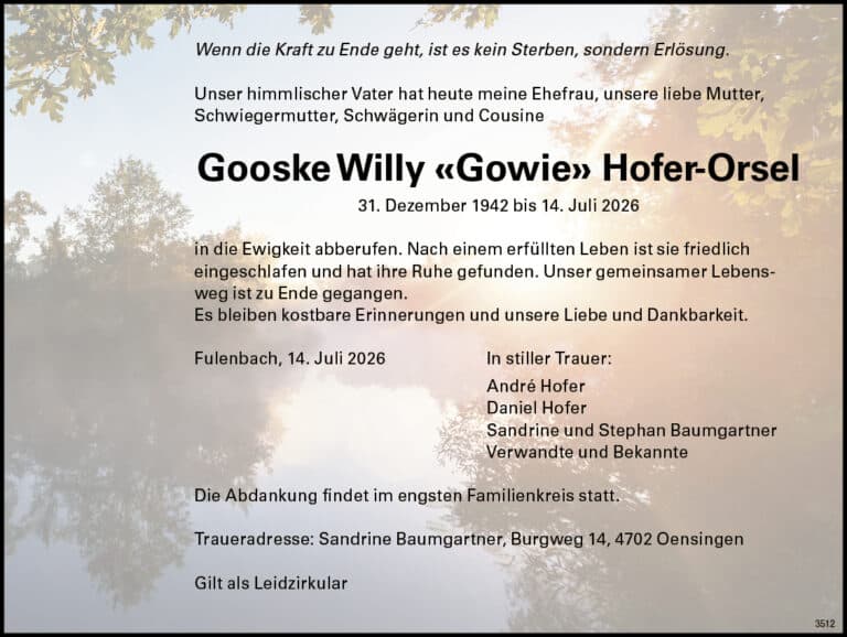 Gooske Willy «Gowie» Hofer-Orsel 1942 Todesanzeige / Anzeiger Thal Gäu Olten