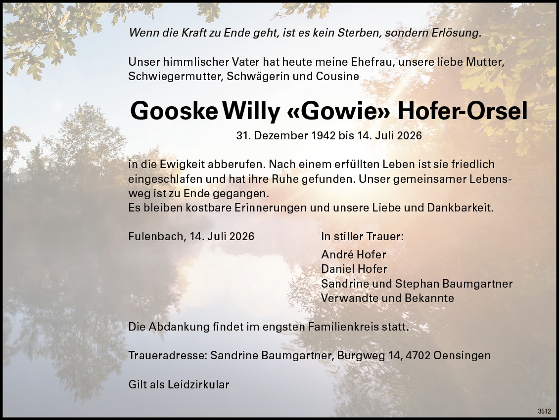 Gooske Willy «Gowie» Hofer-Orsel 1942 Todesanzeige / Anzeiger Thal Gäu Olten