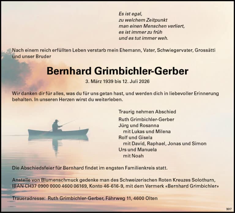 Bernhard Grimbichler-Gerber 1939 Todesanzeige / Anzeiger Thal Gäu Olten