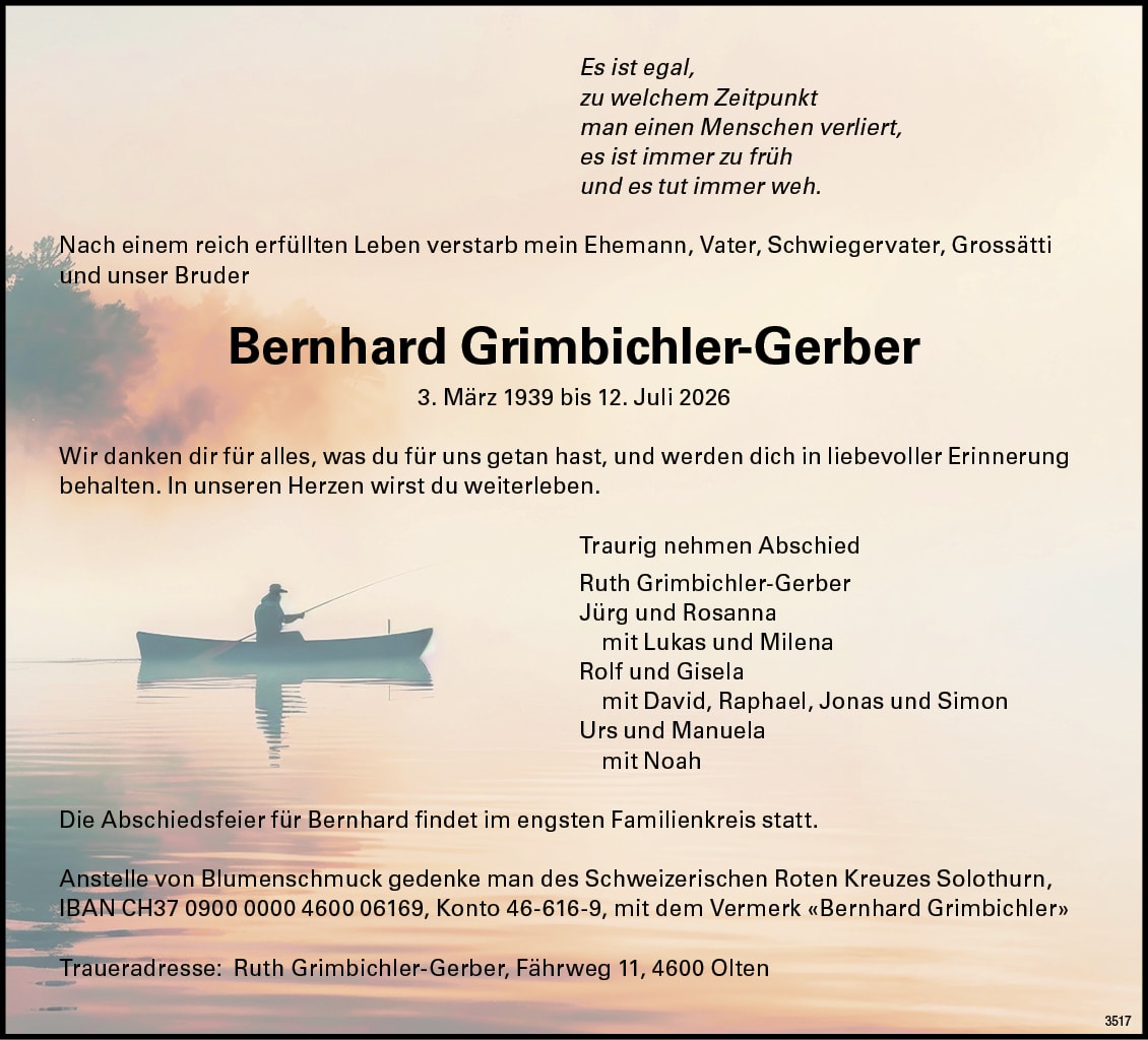 Bernhard Grimbichler-Gerber 1939 Todesanzeige / Anzeiger Thal Gäu Olten