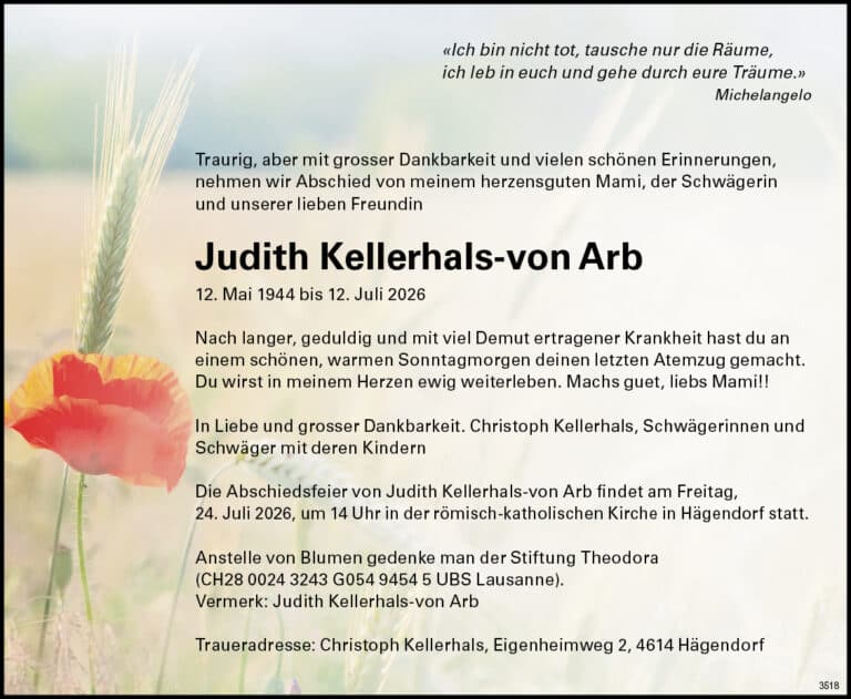 Judith Kellerhals-von Arb 1944 Todesanzeige / Anzeiger Thal Gäu Olten