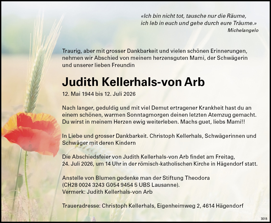 Judith Kellerhals-von Arb 1944 Todesanzeige / Anzeiger Thal Gäu Olten