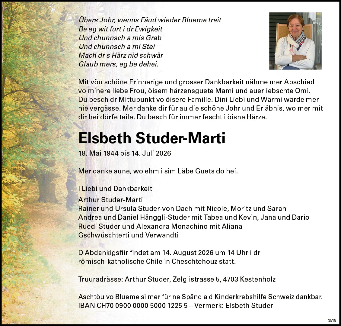 Elsbeth Studer-Marti 1944 Todesanzeige / Anzeiger Thal Gäu Olten