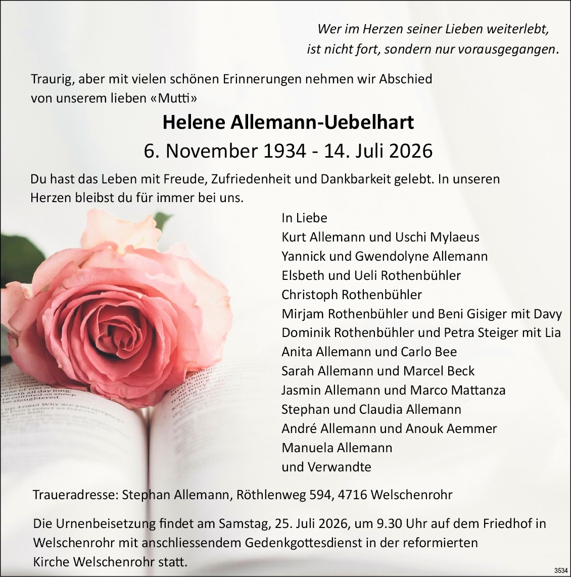 Helene Allemann-Uebelhart 1934 Todesanzeige / Anzeiger Thal Gäu Olten