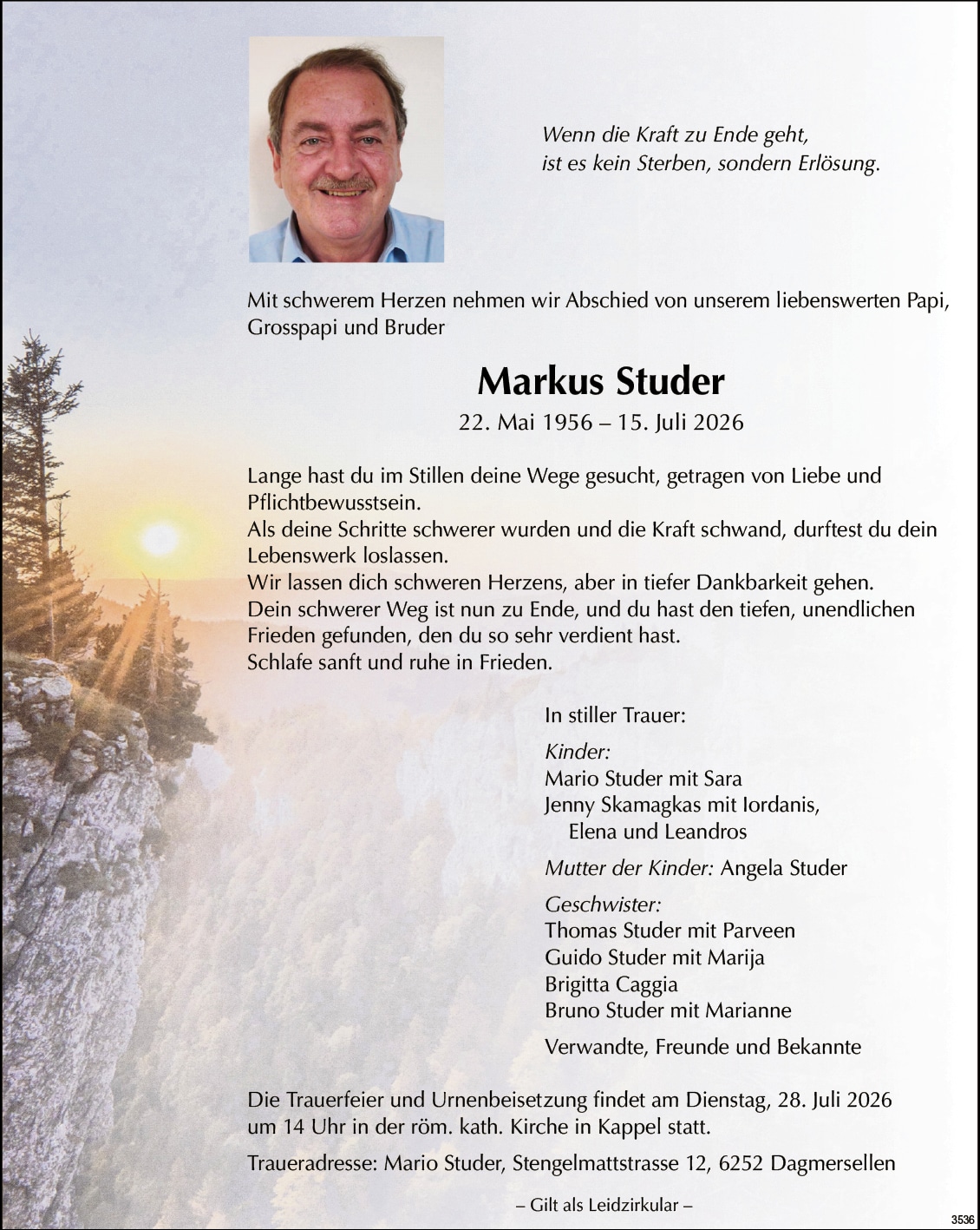Markus Studer 1956 Todesanzeige / Anzeiger Thal Gäu Olten