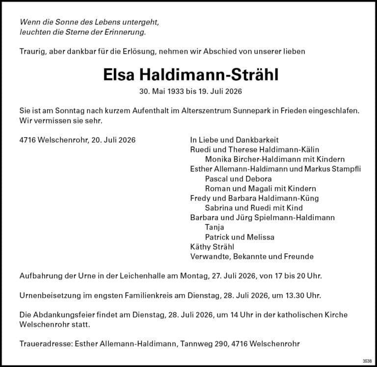 Elsa Haldimann-Strähl 1933 Todesanzeige / Anzeiger Thal Gäu Olten