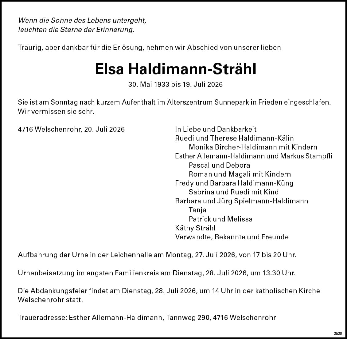 Elsa Haldimann-Strähl 1933 Todesanzeige / Anzeiger Thal Gäu Olten